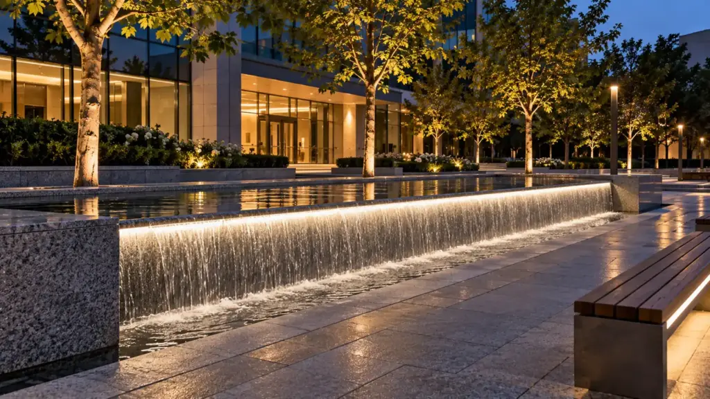 IP68 LED strip lighting the falling water of an exterior plaza fountain weir