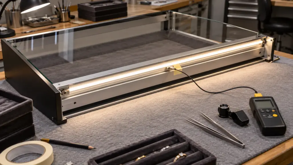 Case section on a jeweler's bench with a compact aluminum channel and a probe checking the lip temperature