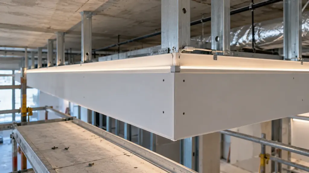 Ceiling cloud framing on a job-site with the edge channel, the strip test-lit and a corner joint