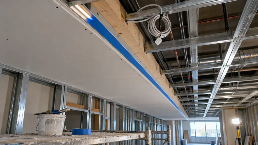 Aluminum LED extrusion fixed to blocking with its slot taped before drywall finishing