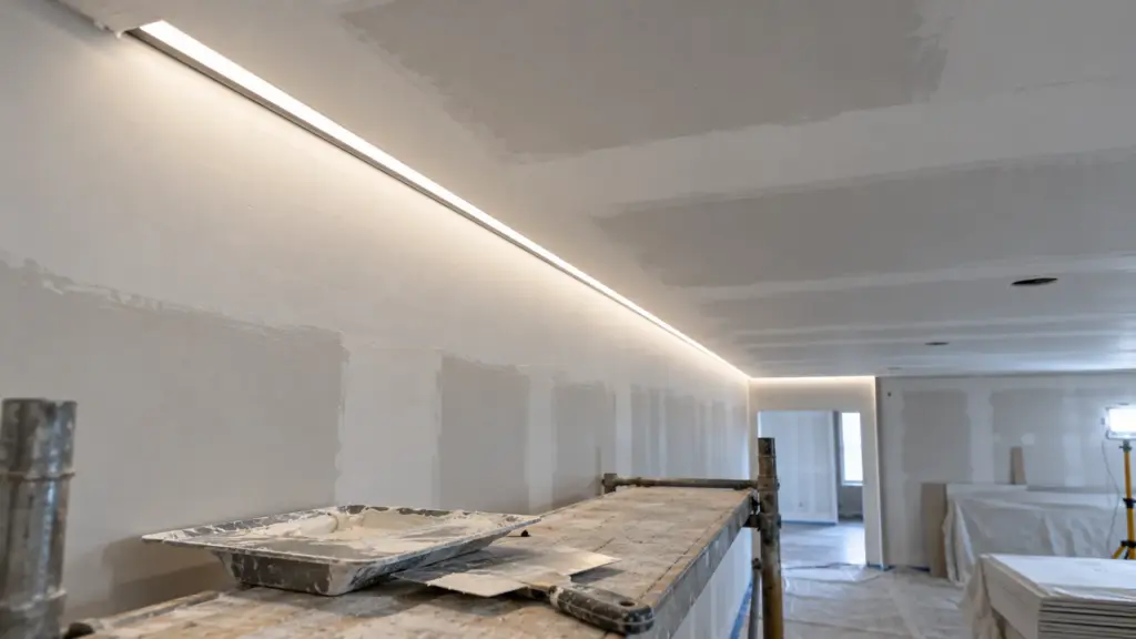 Drywall ceiling in finishing stage with a trimless plaster-in channel, joint compound blended over its wings and the strip test-lit