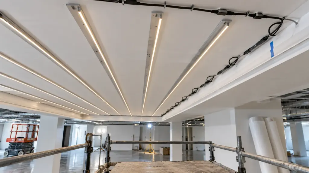 Open stretch ceiling cavity painted white with parallel strip rows on aluminum plates, test-lit before the membrane goes up