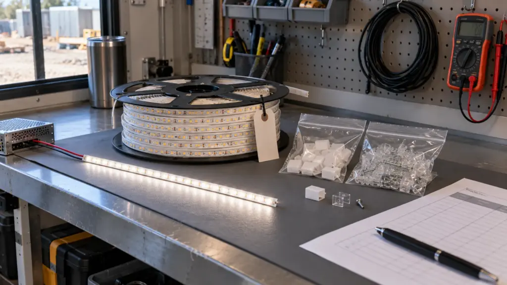 Spare LED strip reel with batch tag beside end caps on a job-site bench