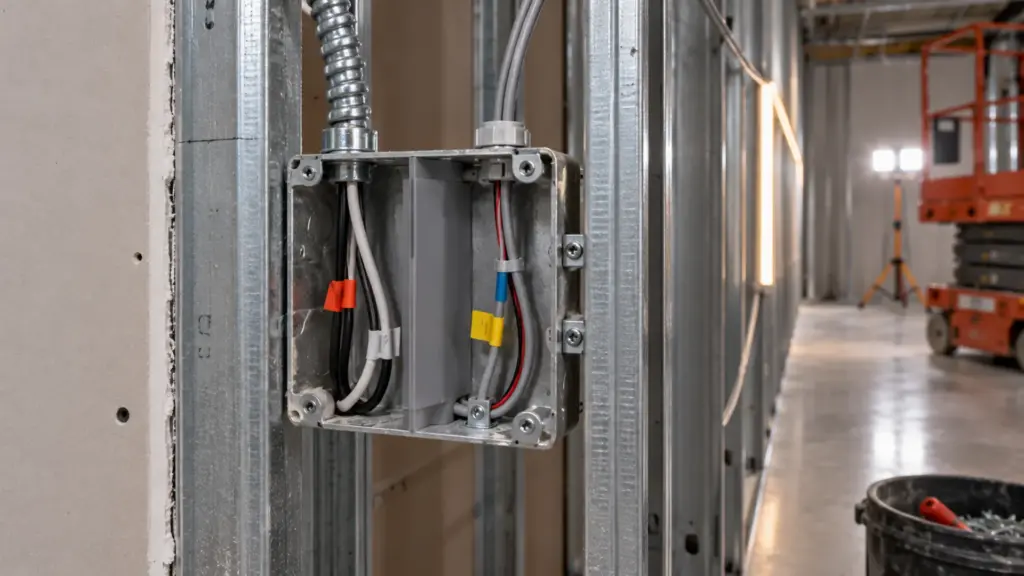 Open wall box at rough-in with a barrier separating the line-voltage side from the low-voltage side and tagged leads