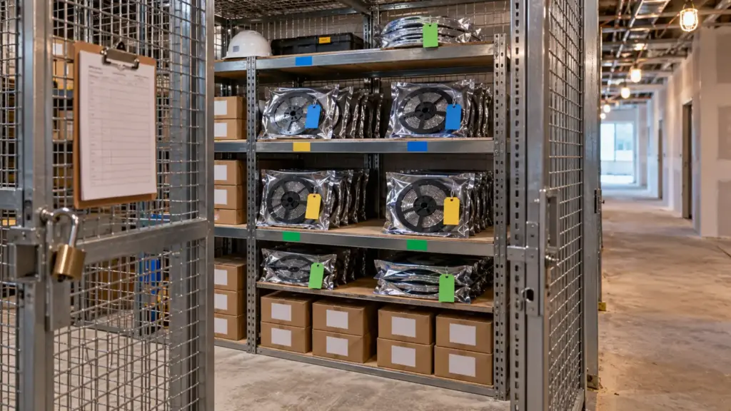 Job-site storage cage with LED strip reels and driver cartons stacked by lot and area