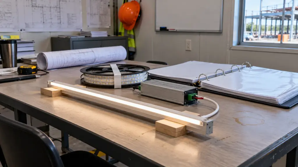 Job-site trailer table with an LED strip reel, a driver, a lit strip sample and a blank submittal binder