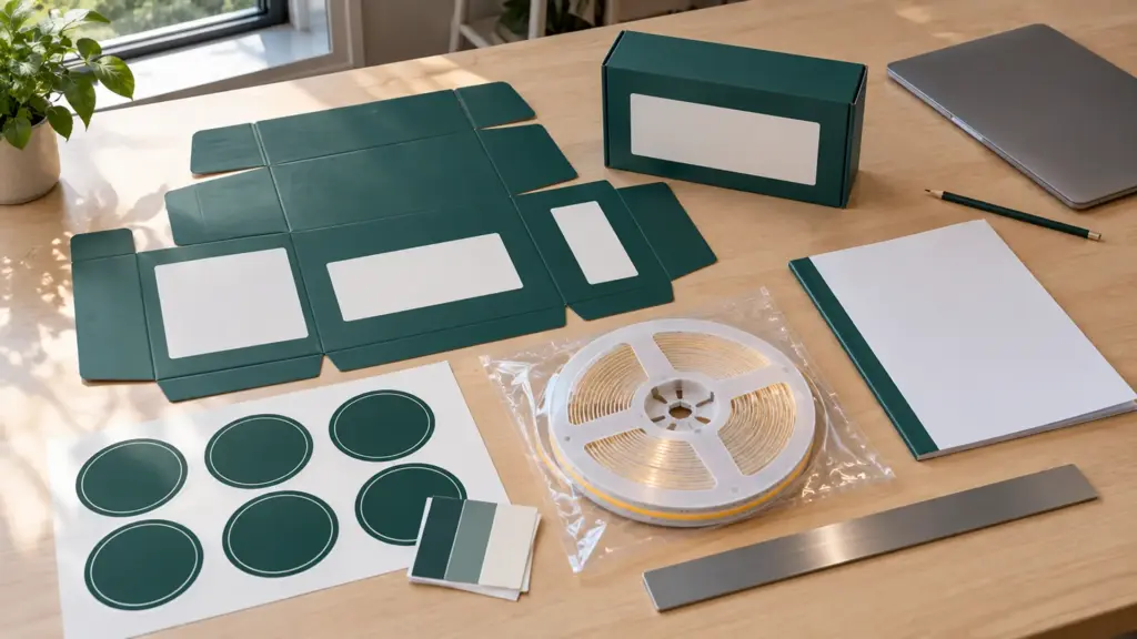 Printed reel label and carton artwork proofs laid beside a sample reel of LED strip on a design office table, all text-free