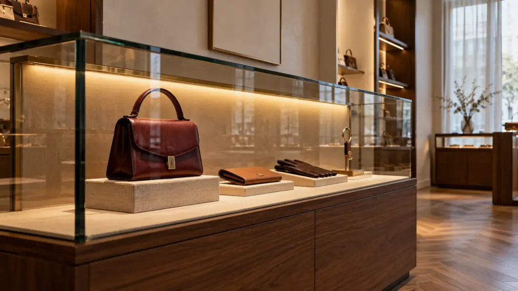 Boutique glass case with leather goods lit by a narrow warm COB line behind the front lip, no dots reflected in the glass