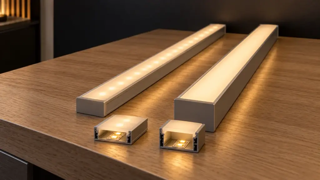 Shallow and deep LED channels with opal covers showing visible beads in one and a smooth line in the other