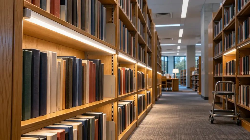 Aluminum LED channel with opal diffuser lit along a library bookshelf end panel
