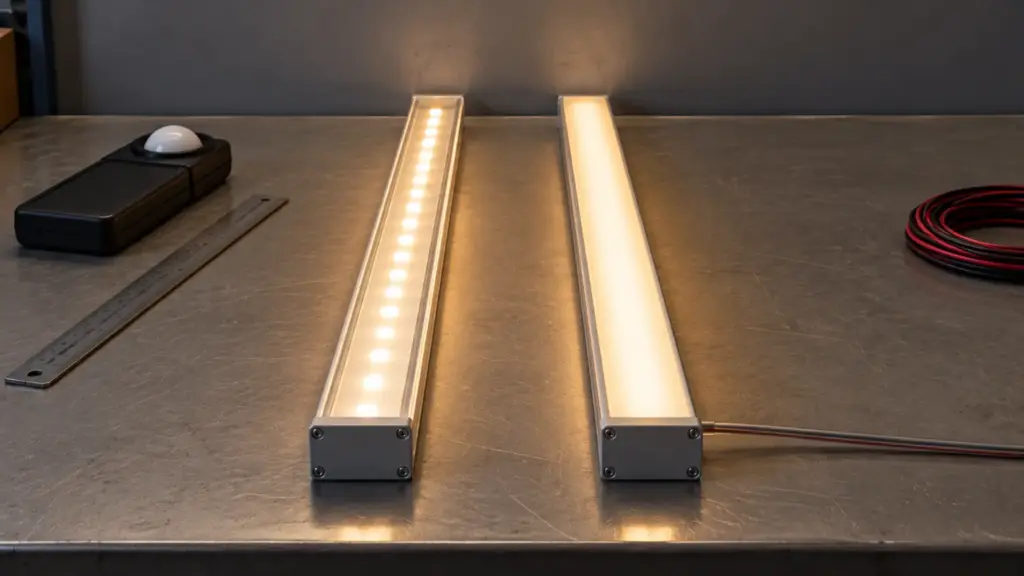 Clear and opal LED channel samples side by side on a bench showing the brightness difference