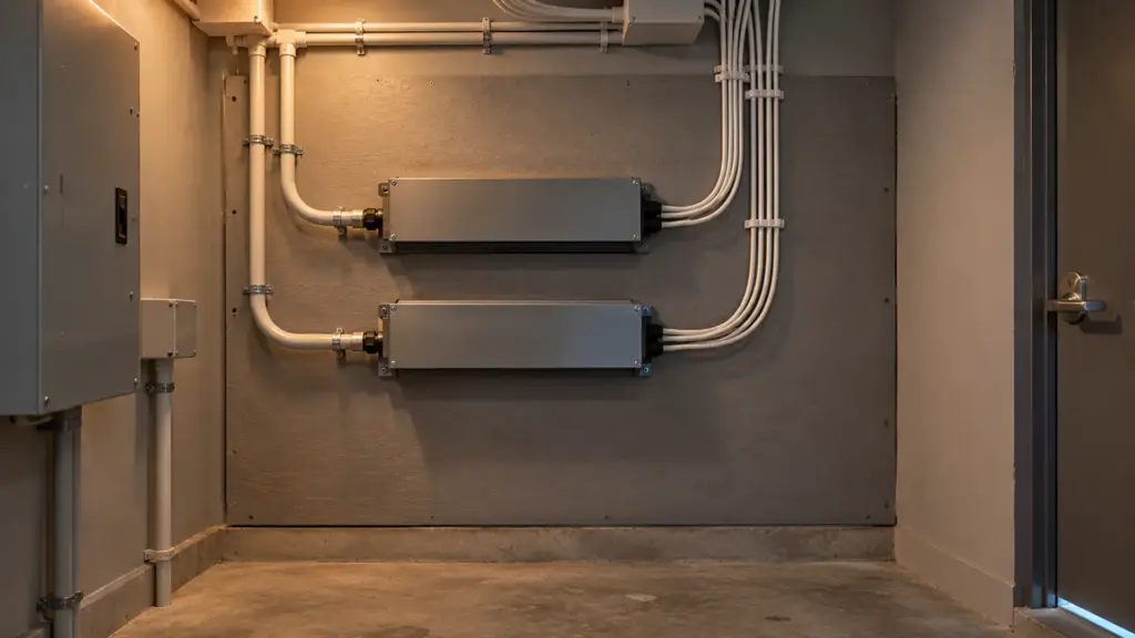 Electrical closet with an LED driver feeding low-voltage cable to a strip run