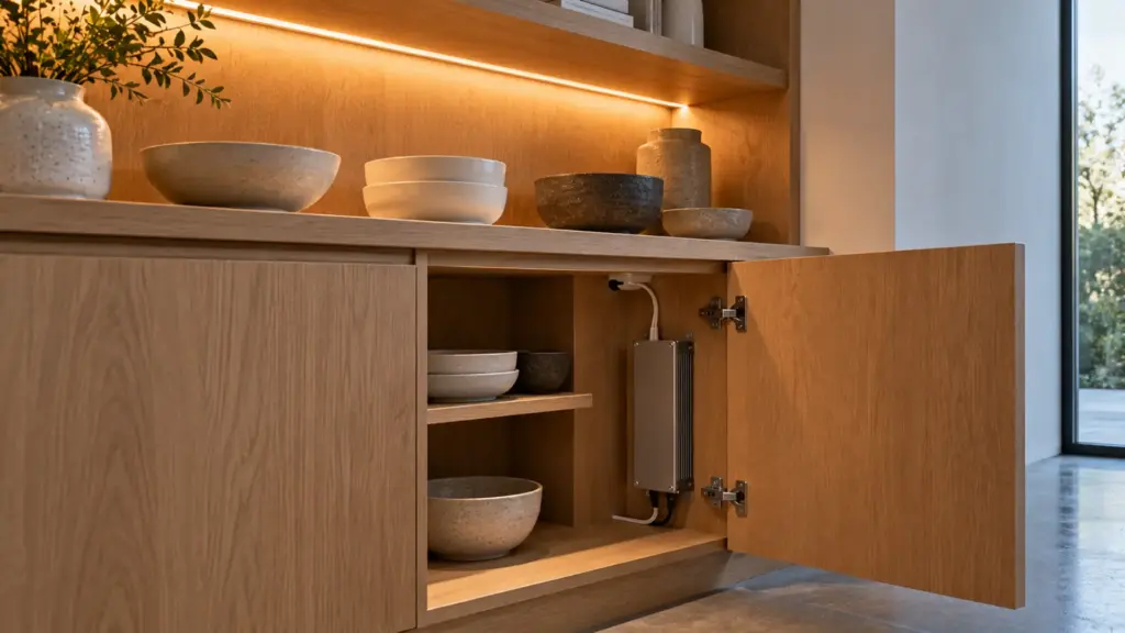 Linear LED driver tucked inside a millwork cabinet feeding a shelf strip