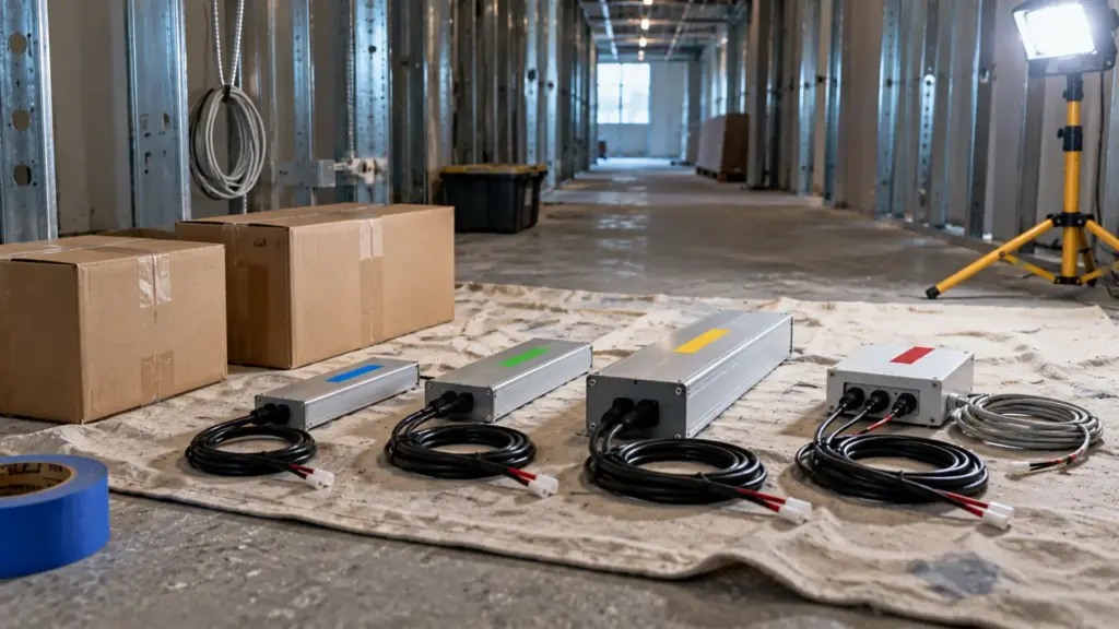Matched LED driver and controller kit laid out beside cartons on an unfinished floor