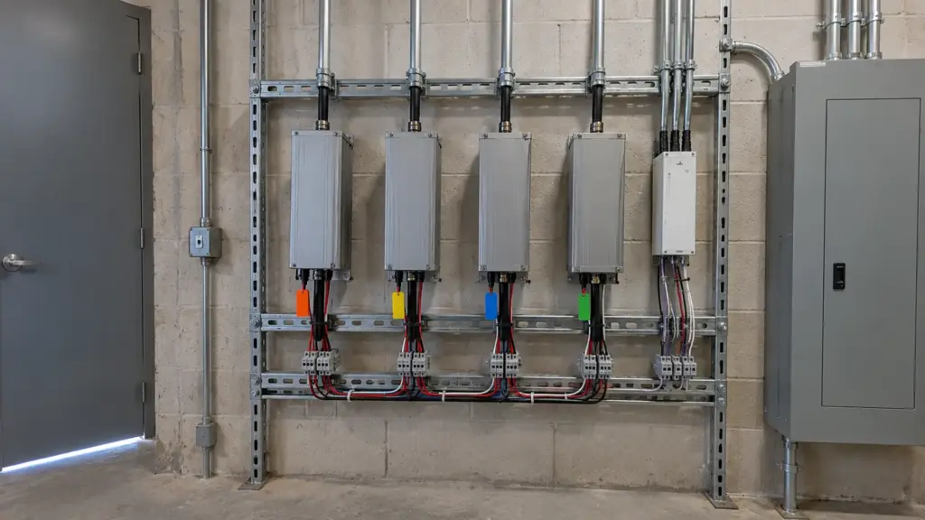 Four LED drivers on a steel strut rack with colored tags and a 0-10V decoder