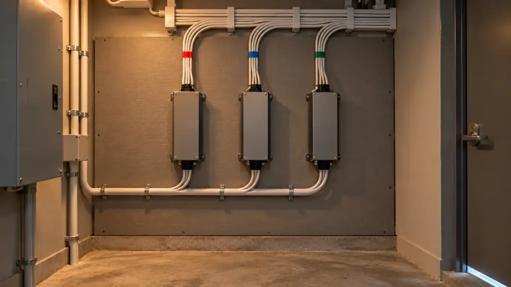 Service closet with three LED drivers each feeding its own cable bundle