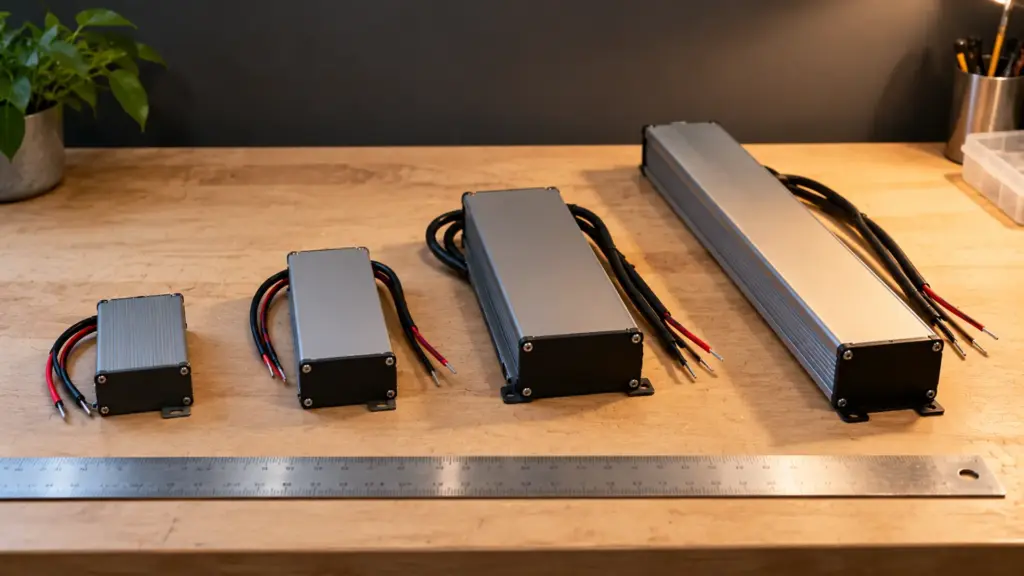 Four LED driver enclosures of different sizes lined up on a bench