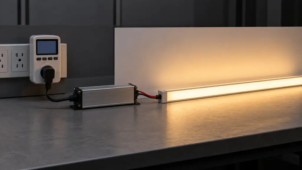 LED driver and power meter feeding a lit strip on a bench