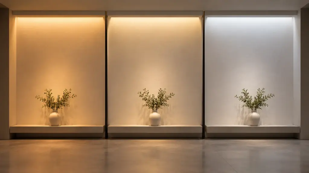 Three cove sections side by side lit at 2700K, 3000K, and 4000K