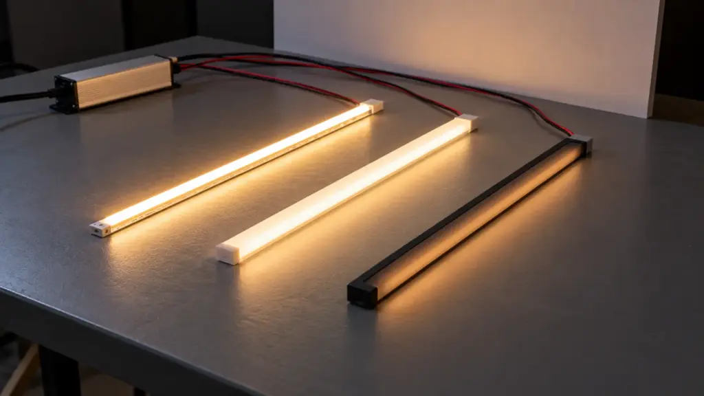 Bare, dome-diffused, and black-jacket LED strip pieces lit side by side