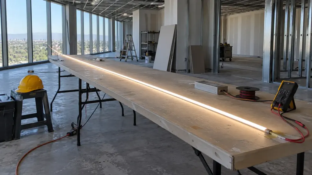LED strip test run powered on a folding table in an unfinished tenant suite