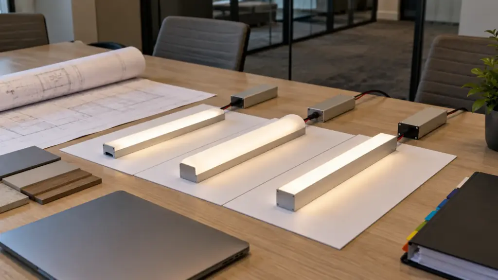 Three lit aluminum channel samples with opal diffusers on an office meeting table