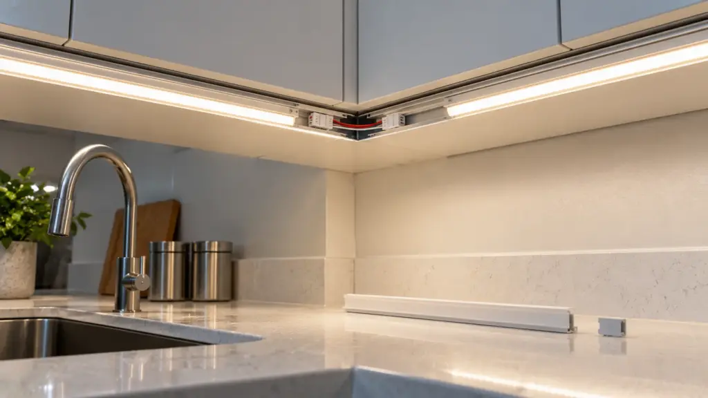 Wired jumper joint at a cabinet corner under upper cabinets in a leasing office kitchenette