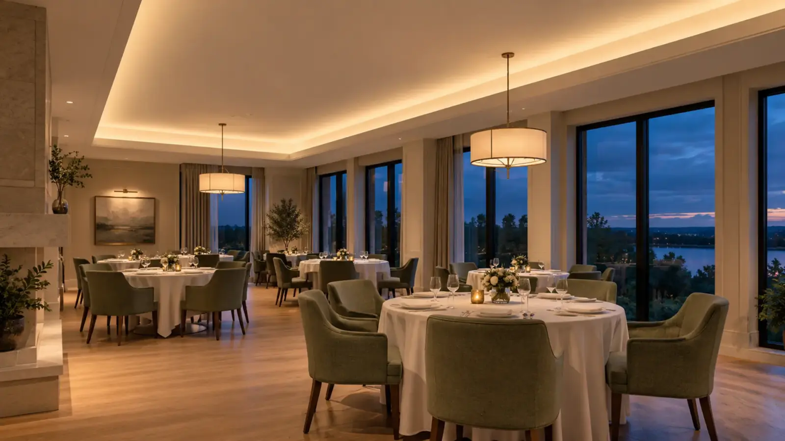 Senior living dining room with a perimeter ceiling cove lit evenly by hidden COB LED strip