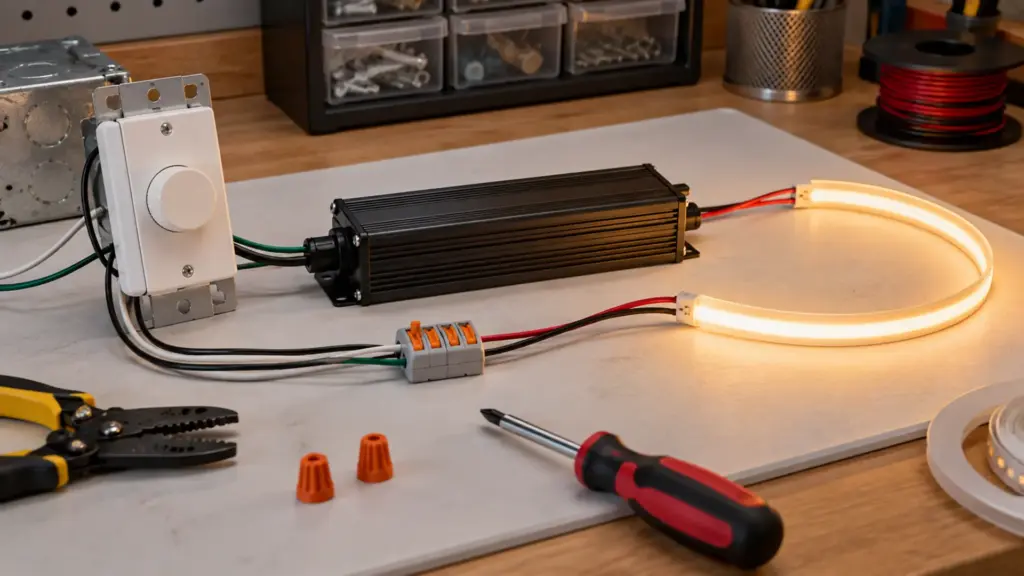 Dimmer and LED strip driver tested on a bench with short strip