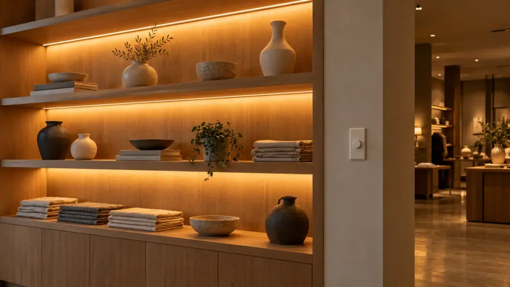 Retail shelf with warm LED strip and a wall dimmer controlling one zone