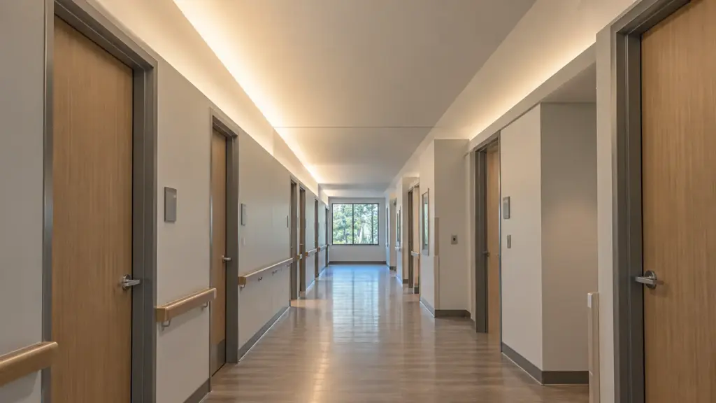Outpatient corridor cove at full brightness on one side and dimmed on the other