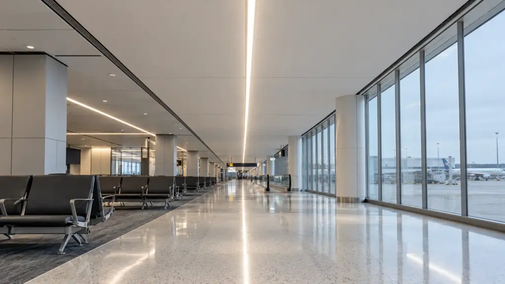 High-output CSP LED strip lighting an airport concourse ceiling slot