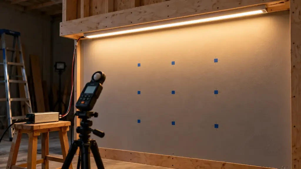 Job-site mock-up with LED strip in channel and light meter on wall