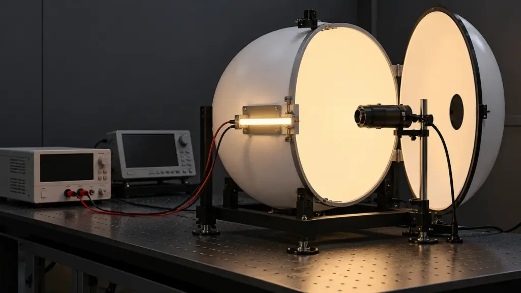 Photometric lab with integrating sphere measuring LED strip light output