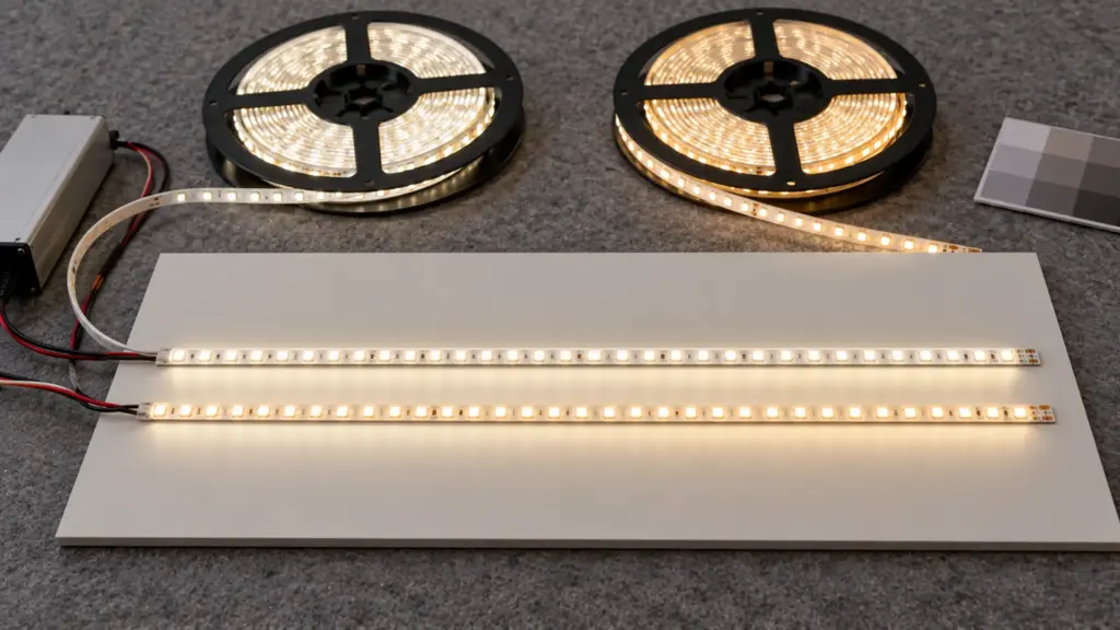 Two lengths of 4000K SMD LED strip side by side with a slight tint difference