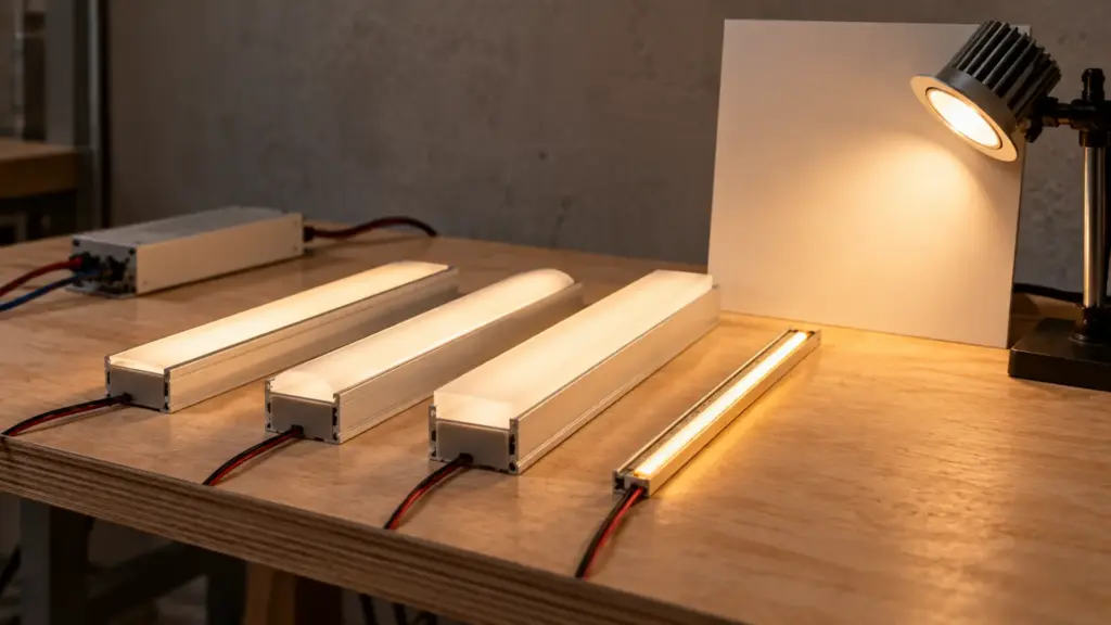 LED strip samples in aluminum channels with opal diffusers beside a downlight
