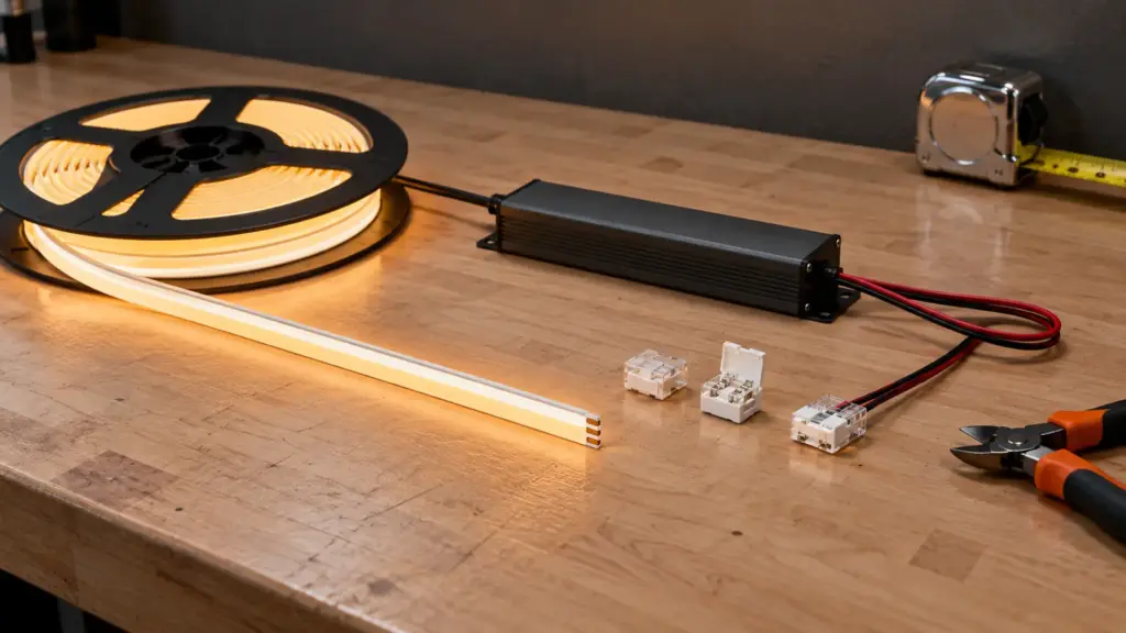 LED strip reel, driver and connectors laid out as separate system parts