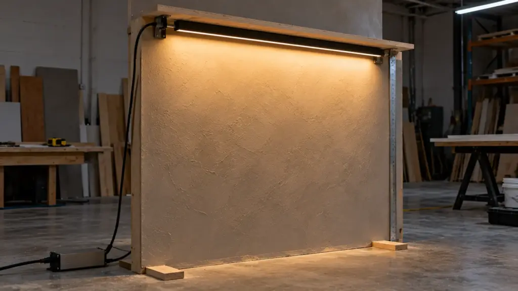 Painted mockup board with a short wall washer bar fixed at the real setback