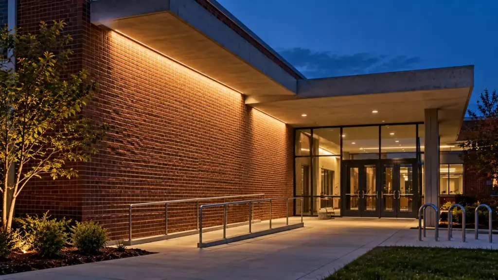 Linear wall washer under a school entrance canopy grazing the brick wall at 4000K