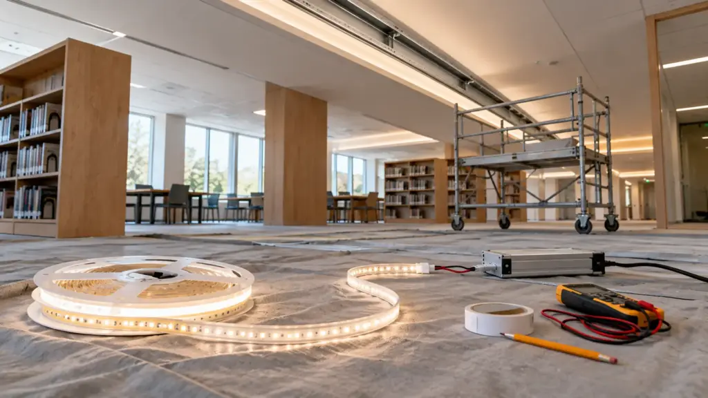 A reel of LED strip lit on a drop cloth on a library floor for a test before it goes up, a meter and test lead beside it