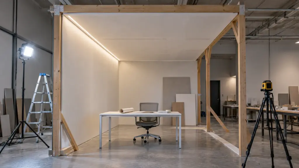 Lighting design studio with a framed ceiling mock-up bay, a lit recessed slot and a desk below it for checking at desk height