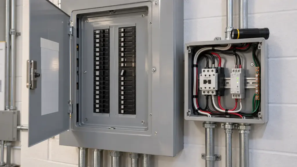 Open lighting panel in an electrical room with a lighting contactor and a small inrush limiter module beside the breakers