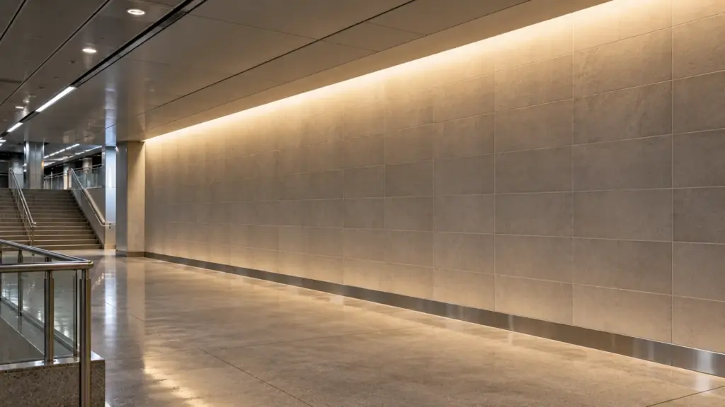 Linear wall washer lighting a transit station mezzanine wall evenly