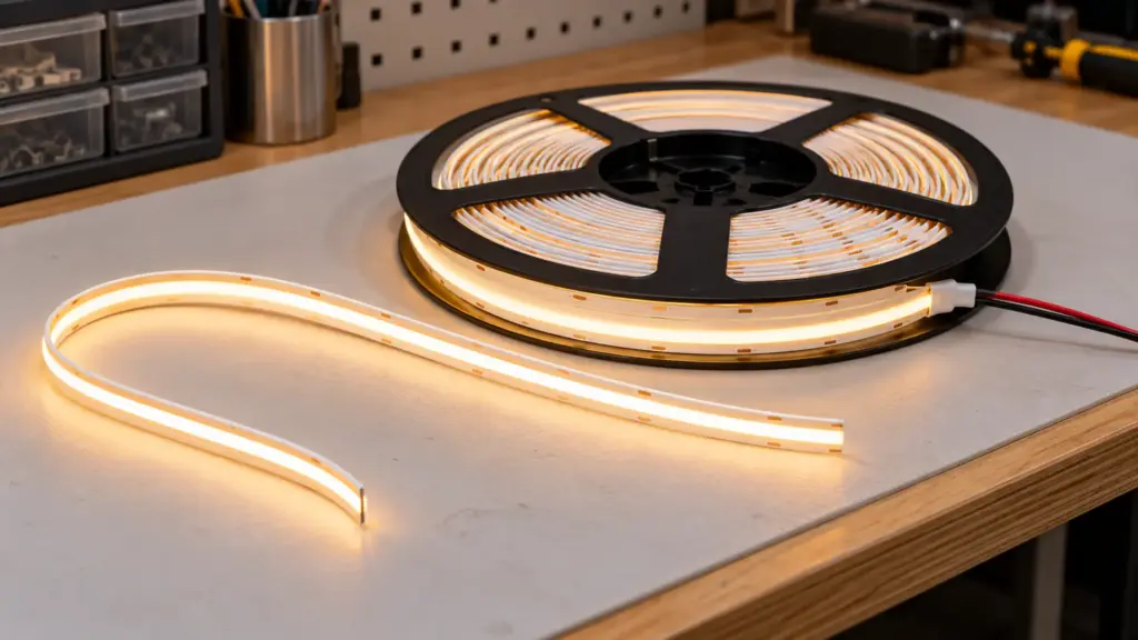 Long run COB LED strip reel with a single feed lead