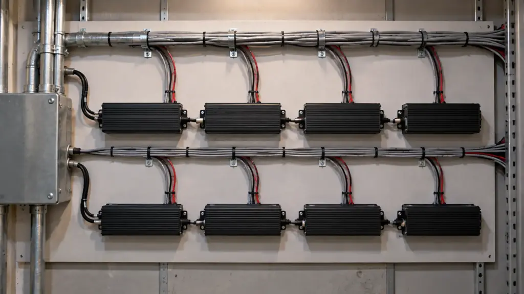 Several low-voltage LED drivers on a backboard serving one long run