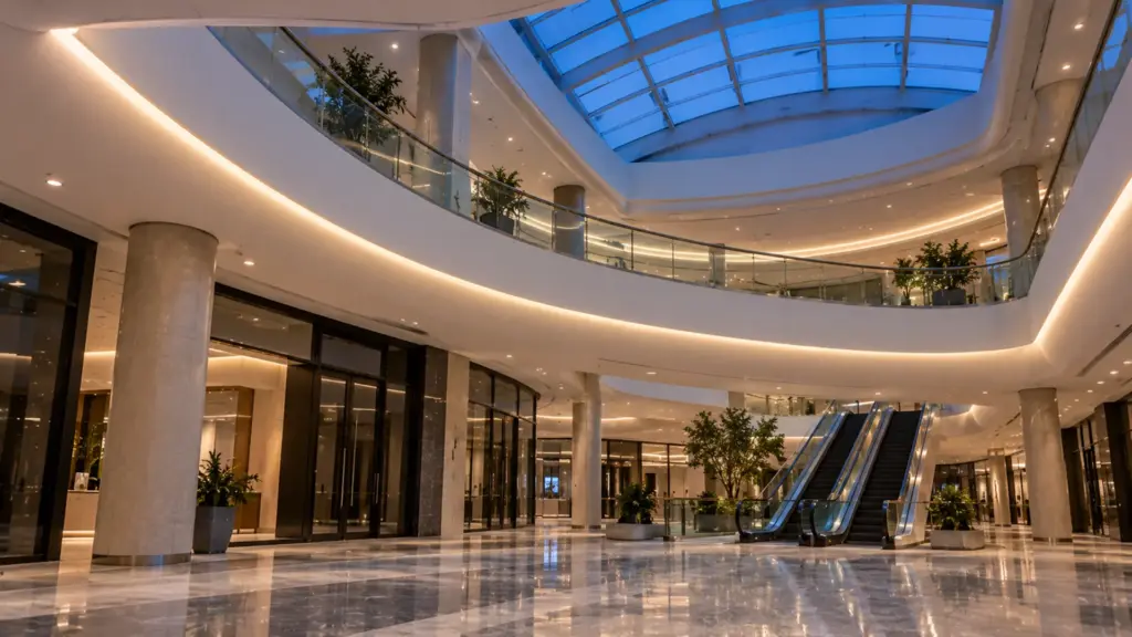 Mall atrium with a curved balcony fascia lit by S-shape SMD LED strip hidden under its lip, a continuous 4000K glow following the curve