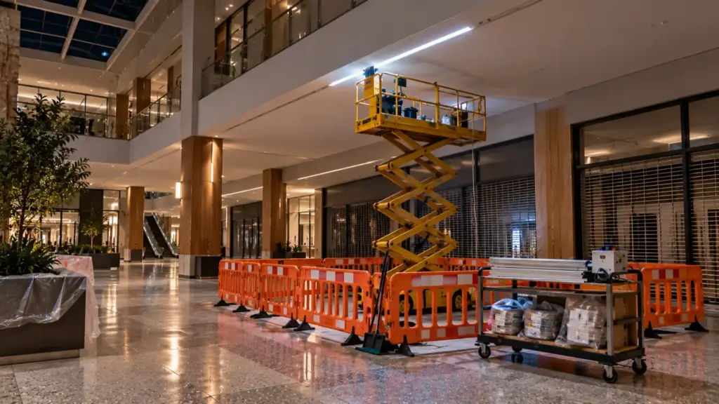 Mall atrium at night with a scissor lift at a cove where a new LED strip section is being tested