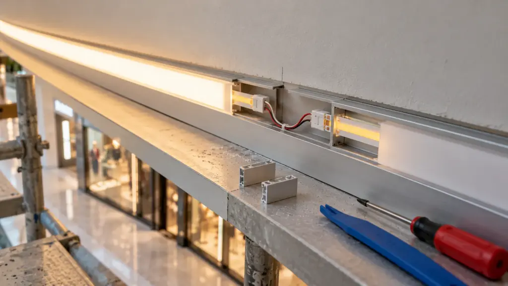 Mall common-area soffit with a channel joint open at the cover and a short wired jumper with a slack loop bridging the strip