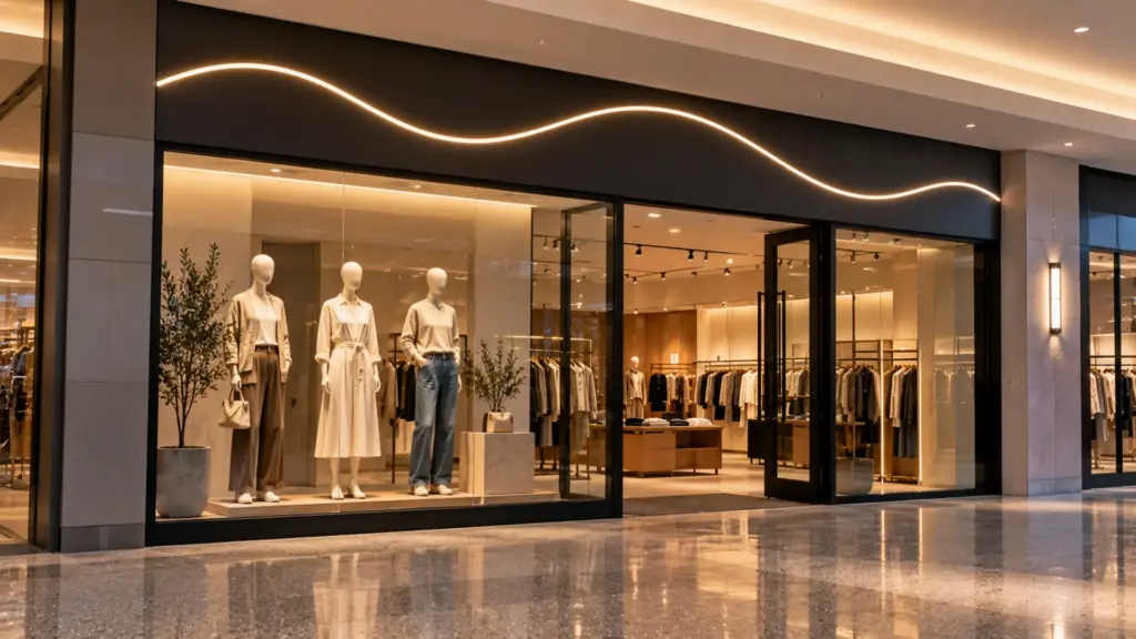 Mall storefront with an LED neon flex outline in the sign band and a lit window header