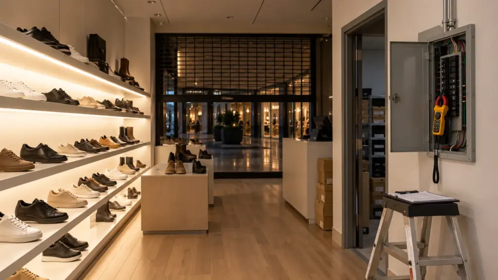 Mall tenant store after closing with COB LED strip shelf lines lit at 4000K and a clamp meter on the lighting circuit feed